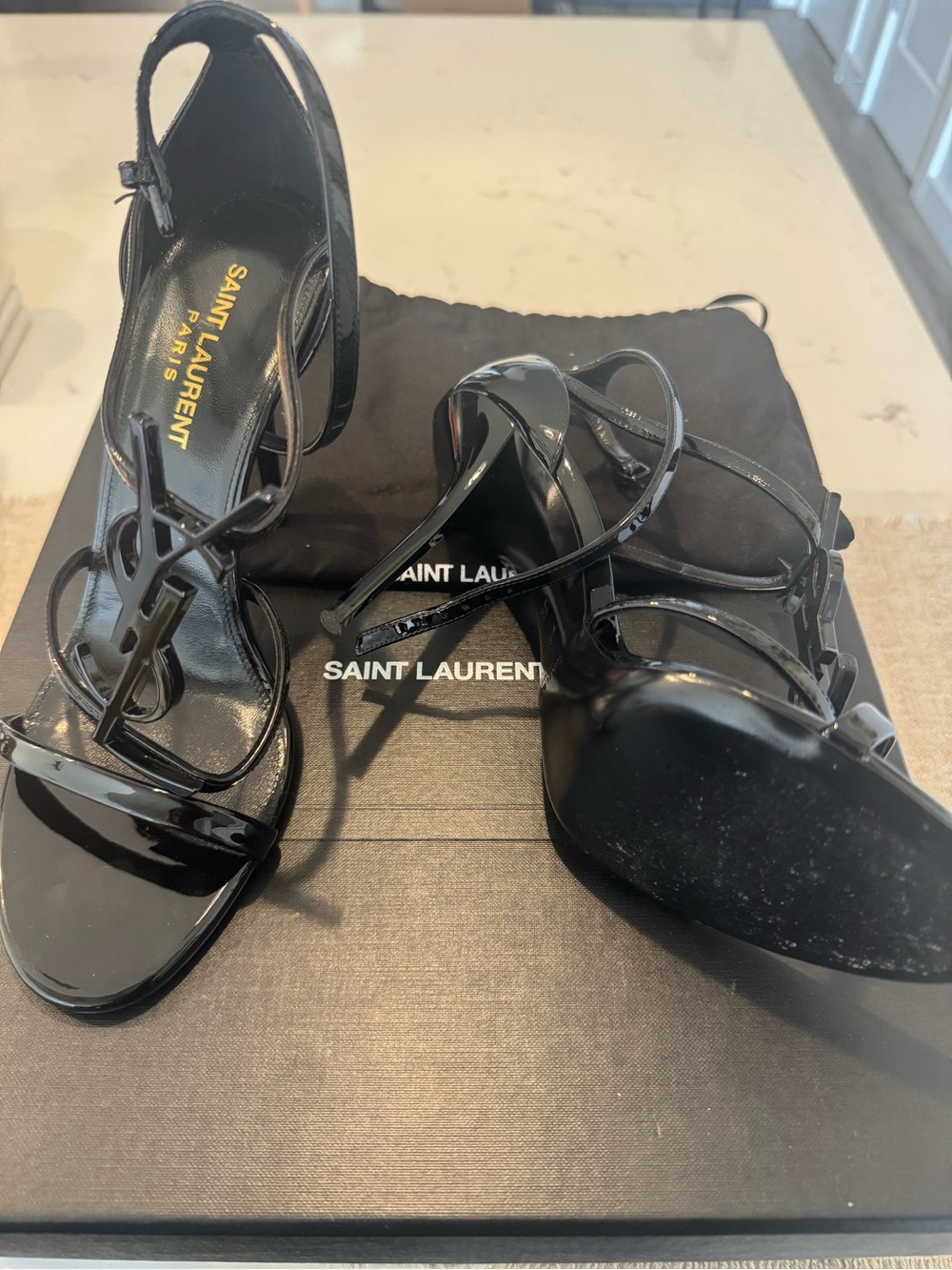 Saint Laurent Black Patent YSL Logo Slingback Heels - Picture 7 of 7